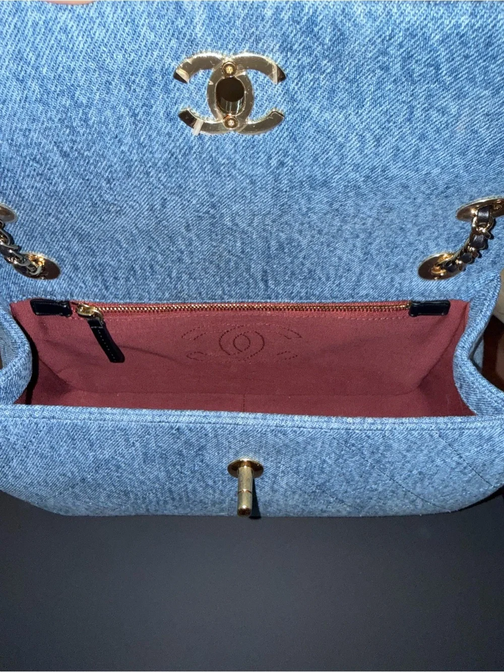 CHANEL Light Blue Denim Quilted Flap Shoulder Bag with Gold Hardware